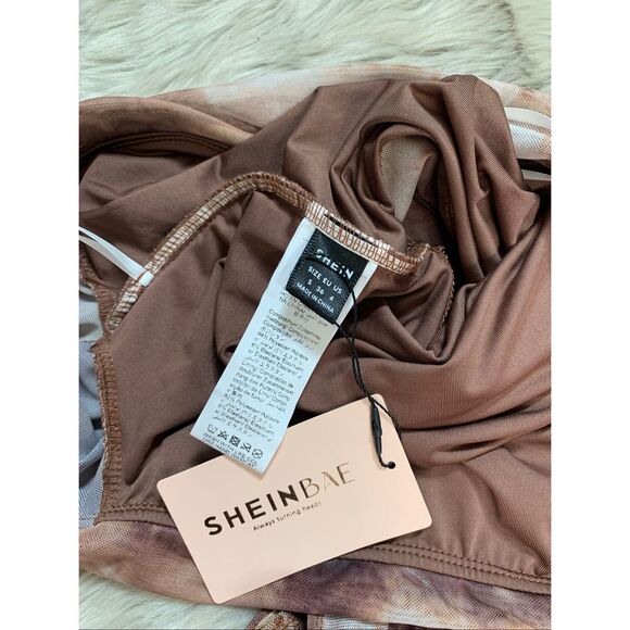 SHEIN BAE Women's Summer Tie Dye Printed Asymmetrical Collar Ruched Slim Fit Bod - Picture 5 of 8